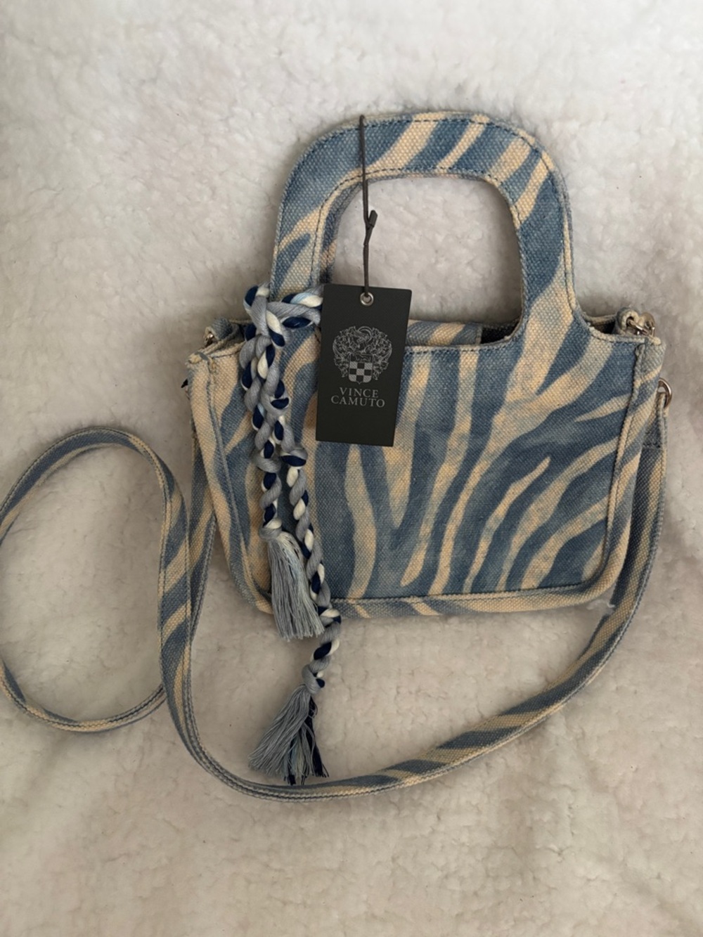 Vince Camuto Blue and Cream Zebra-Print Crossbody/Hand Bag